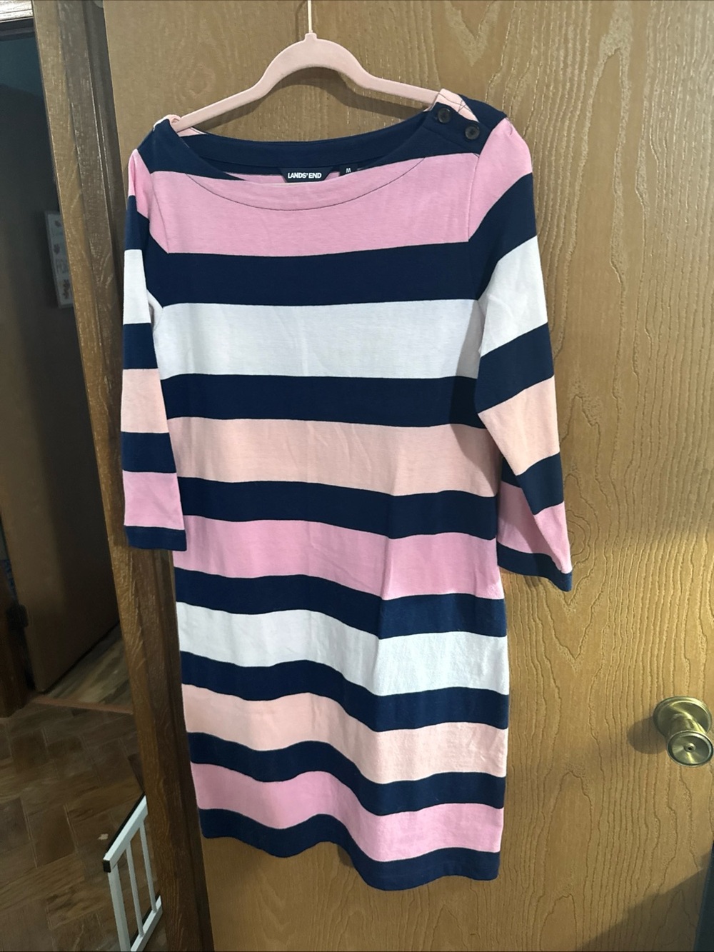 Lands End BoatNeck Sweater Dress Navy Pink Stripe Coastal Luxury 100% Cotton Med